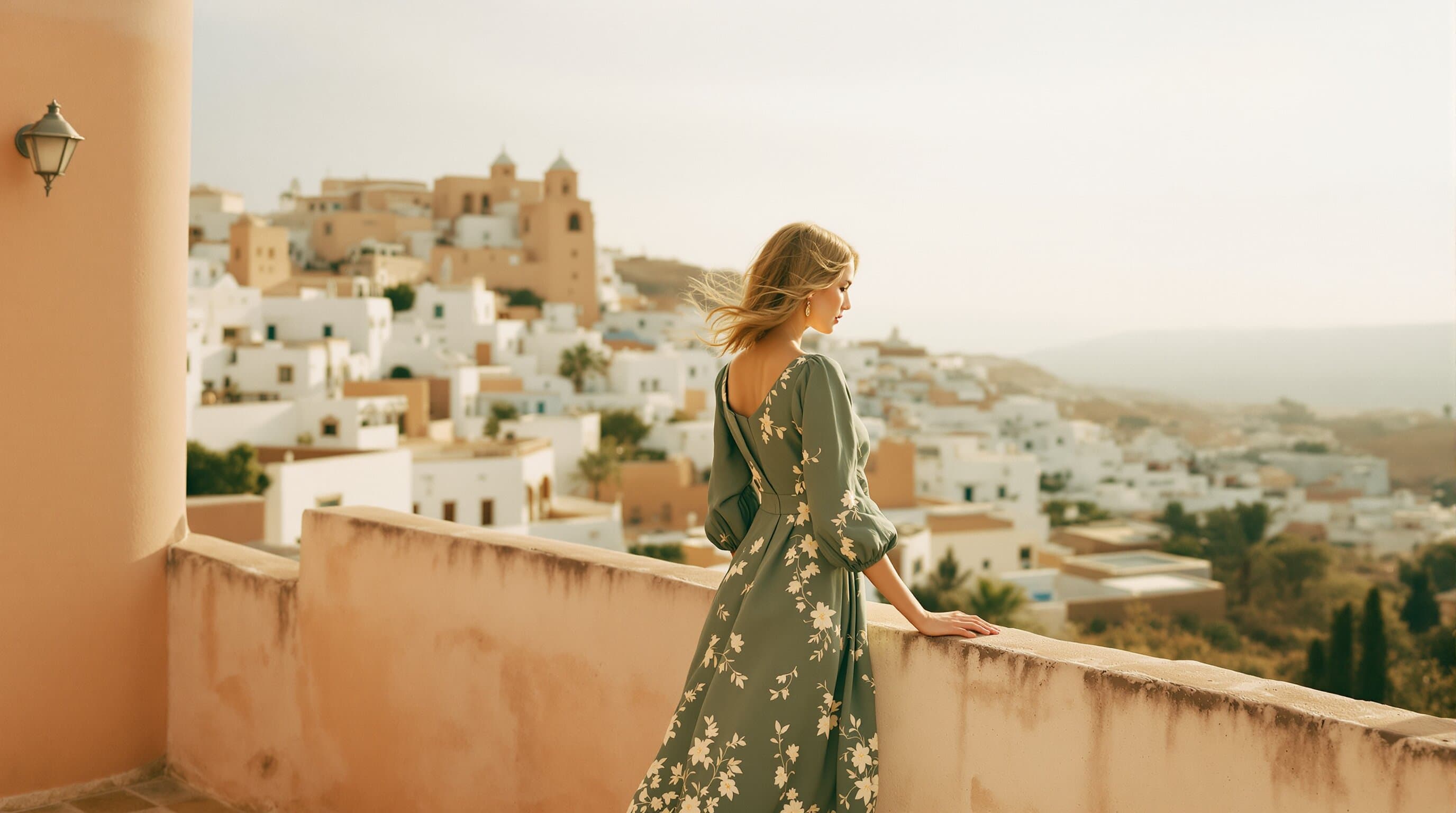 Editorial photograph: model on a Mediterranean rooftop